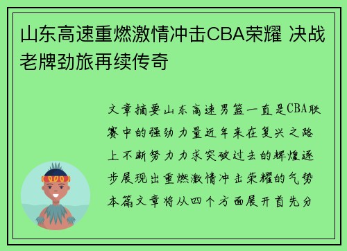 山东高速重燃激情冲击CBA荣耀 决战老牌劲旅再续传奇