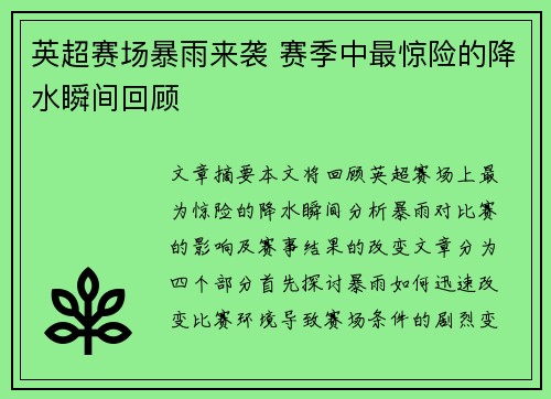英超赛场暴雨来袭 赛季中最惊险的降水瞬间回顾